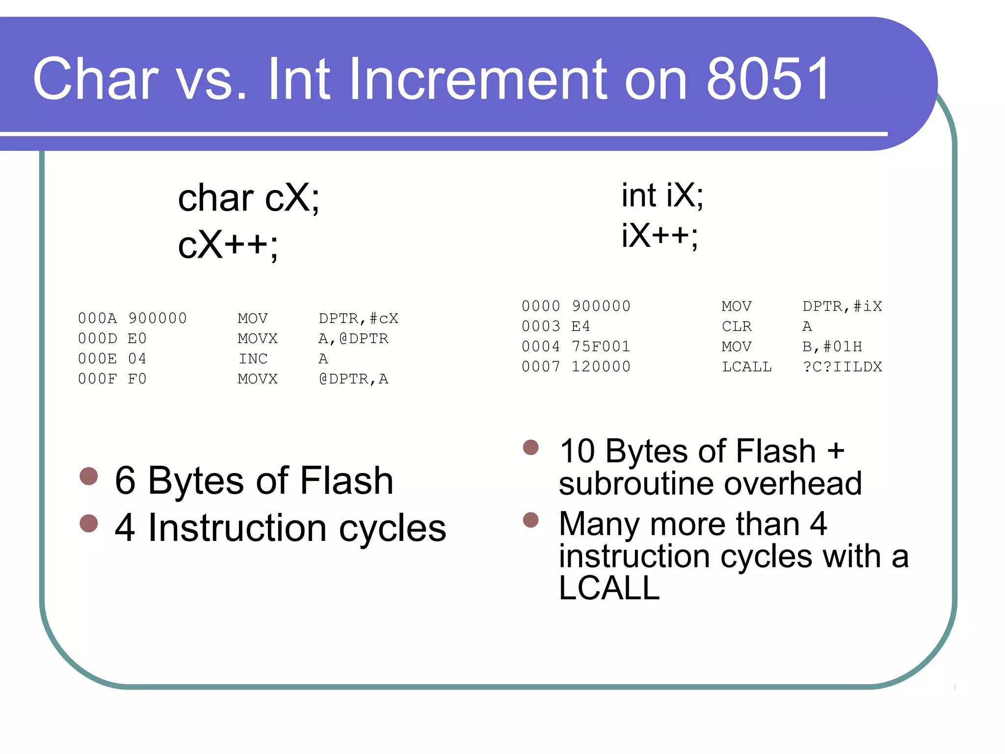 Char vs. Int Increment on 8051
            char cX;                          int iX;
            cX++;                             iX++;
                                   0000   900000        MOV     DPTR,#iX
 000A   900000   MOV    DPTR,#cX   0003   E4            CLR     A
 000D   E0       MOVX   A,@DPTR    0004   75F001        MOV     B,#01H
 000E   04       INC    A          0007   120000        LCALL   ?C?IILDX
 000F   F0       MOVX   @DPTR,A



                                      10 Bytes of Flash +
 6  Bytes of Flash                    subroutine overhead
  4 Instruction cycles               Many more than 4
                                       instruction cycles with a
                                       LCALL
 
