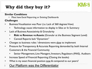 Why did they buy it?
Similar Conditions
    • Most have Excel Reporting or Existing Dashboards
Challenges
• Business Visualization was Poor (i.e. Lack of 360 degrees View)
   • Technology cause information to display in Silos or In Summary
• Lack of Business Associativity & Granularity
   • Risk vs Revenue vs Assets (Granular at the Business Segment Level)
   • Canned Reports lack “Dynamism”
• Changes to business rules / dimensions were slow to implement
• Pressure for Transparency & Accurate Reporting demanded by both Internal
   Customers & the Financial Community
   • Senior Management, Line Managers, Investors, Regulators (MAS), Auditors
• Increase Speed of Financial Reporting (Closing the books)
• What is my exact financial position now & compared to our peers?
   Our Platform was the Differentiator
 