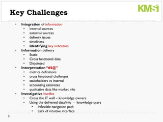 Key Challenges
 •   Integration of information
      • internal sources
      • external sources
      • delivery issues
      • timeliness
      • Identifying key indicators
 •   Information delivery
      • Static
      • Cross functional data
      • Disjointed
 •   Interpretation “#$@”
      • metrics definitions
      • cross functional challenges
      • stakeholders vs internal
      • accounting estimates
      • qualitative data like market info
 •   Investigative hurdles
      • Cross the IT wall – knowledge owners
      • Using the delivered data/info - knowledge users
           • Inflexible navigation path
           • Lack of intuitive interface
 