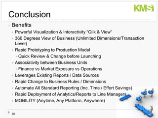 Conclusion
 Benefits
     Powerful Visualization & Interactivity “Qlik & View”
     360 Degrees View of Business (Unlimited Dimensions/Transaction
      Level)
     Rapid Prototyping to Production Model
       Quick Review & Change before Launching
     Associativity between Business Units
       Finance vs Market Exposure vs Operations
     Leverages Existing Reports / Data Sources
     Rapid Change to Business Rules / Dimensions
     Automate All Standard Reporting (Inc. Time / Effort Savings)
     Rapid Deployment of Analytics/Reports to Line Managers
     MOBILITY (Anytime, Any Platform, Anywhere)

 30
 