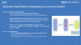 Optimize OpenStack scheduling and communication
Optimize Internal Communication:
•  Configure OpenStack for high volume API calls
e.g Increase OpenStack API rate limits (/etc/nova/api-paste.ini)
•  Avoid name based security groups with nova-network. Name
based security groups require message bus activity and database
updates proportional to the number of existing VMs
•  If Neutron is configured with VXLAN via the Open vSwitch
mechanism, the MTU should be 1400. For GRE, the recommended
number is 1460.
Use the right Scheduler
Use an OpenStack scheduler which evenly distributes load
e.g compute_scheduler_driver =
nova.scheduler.filter_scheduler.FilterScheduler
 