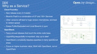 Why as a Service?
Cloud Foundry:
–  New release every 2-3 weeks
–  Bluemix PaaS is a combination of CF and 150+ Services
–  Older versions will lead to huge version mismatches, and lead
to version sprawl
–  Keeps Public/Dedicated and Local Bluemix in sync
OpenStack:
–  Twice annual releases that touch the entire code base.
–  Upgrading sequentially is important: stay up to date!
–  OpenStack’s complexity requires expertise in many operational
areas
–  Focus on higher business value. Work with OpenStack, not on
OpenSTack
 