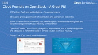 Cloud Foundry on OpenStack – A Great Fit!
•  100% Open PaaS and IaaS solutions – No vendor lock-ins
•  Strong and growing community of contributors and sponsors on both sides
•  Power of Open Source community can be leveraged to automate the deployment and
lifecycle management of Cloud Foundry on OpenStack
•  OpenStack meets Cloud Foundry integration requirements, and is totally configurable
and adaptable to handle the scale of a PaaS solution like Cloud Foundry
•  Bottom Line: It’s a match made in Heaven !
 