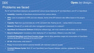 Problems we faced
As CF and OpenStack deployers we experienced various issues deploying CF and OpenStack, and CF on OpenStack
§  Instability: Instability of OpenStack environments from various distros
§  APIs: Lack of compliance in APIs and new releases. Some of the API behavior also differs based on the plugins
used
§  Capacity: Right from cpu/mem/disk etc. to HA, persistent disk, floating ips etc. – sizing needs to be precise
§  Network: Should CF co reside with other management components in a network?
§  OpenStack for Enterprise Software: Enterprise software lags, with most variations still available only for VMware.
§  Generic Deployment: Consistency when deploying CF on OpenStack, VMware or any other IaaS
§  Combined OpenStack and Cloud Foundry Usage: How to allow seamless usage and consumption of OpenStack
services along with CF services at the same time?
§  CF HA: What works, what doesn’t?
§  Proxy: Environments behind customer firewalls with restricted outbound access
§  Constant Release Cycles: Both CF and OpenStack have frequent releases, patches, updates etc. How do we
reconcile?7
 