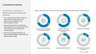 CFO Survey Herbst 2023
Deloitte 2023 6
3. Investitionen| Bereiche
Unternehmen investieren in
Weiterentwicklung bestehender
Standorte
• Durch die neuen Investitionen sollen vor
allem bestehende Standorte durch
Optimierung und Digitalisierung
weiterentwickelt werden.
• Klassische Investitionen in Infrastruktur,
sowie Maschinen und Anlagen sind nur bei
einer Minderheit der Unternehmen
verstärkt geplant.
• Forschung und Entwicklung bleibt vor
allem für die Kernsektoren Automobil und
Maschinenbau wichtig. 24%
Forschung und Entwicklung
69%
Optimierung von Organisation
und Geschäftsprozessen
23%
Schulung von Mitarbeitenden
64%
Software, Daten, IT,
Netzwerke, und Website
Aktivitäten
15%
Grundstücke und physische
Infrastruktur
29%
Maschinen und Anlagen
Frage: In welchen Bereichen Ihres Unternehmens wird in den kommenden zwölf Monaten verstärkt investiert?*
 