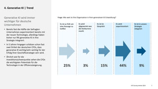 CFO Survey Herbst 2023
Deloitte 2023 7
4. Generative KI | Trend
Generative KI wird immer
wichtiger für deutsche
Unternehmen
• Bereits fast die Hälfte der befragten
Unternehmen experimentiert bereits mit
der neuen Technologie, allerdings haben
bisher nur 9% generative KI in ihre
Strategie integriert.
• In 5 Jahren hingegen schätzen schon fast
zwei Drittel der deutschen CFOs, dass
generative KI wichtig/sehr wichtig für der
Erfolg ihrer Geschäftsstrategie sein wird.
• Ähnlich wie für die
Investitionsschwerpunkte sehen die CFOs
die wichtigsten Potentiale für die
Technologie in der Effizienzsteigerung.
Es ist zu früh um
eine Aussage zu
treffen
Es wird
abgewartet was
die Konkurrenz
macht
Es ist im
Gespräch
Es wird
experimentiert
Es ist in unsere
Strategie
integriert
25% 3% 15% 44% 9%
Frage: Wie weit ist Ihre Organisation in Ihrer generativen KI Entwicklung?
 