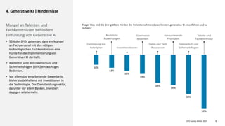 CFO Survey Herbst 2023
Deloitte 2023 8
4. Generative KI | Hindernisse
Mangel an Talenten und
Fachkenntnissen behindern
Einführung von Generative AI
• 53% der CFOs geben an, dass ein Mangel
an Fachpersonal mit den nötigen
technologischen Fachkenntnissen eine
Hürde für die Implementierung von
Generativer KI darstellt.
• Weiterhin sind der Datenschutz und
Sicherheitsfragen (39%) ein wichtiges
Bedenken.
• Vor allem das verarbeitende Gewerbe ist
bisher zurückhaltend mit Investitionen in
die Technologie. Der Dienstleistungssektor,
darunter vor allem Banken, investiert
dagegen relativ mehr.
10%
13%
16%
19%
28%
30%
39%
53%
Zustimmung von
Beteiligten Investitionskosten
Daten und Tech
Ressourcen
Datenschutz und
Sicherheitsfragen
Talente und
Fachkenntnisse
Konkurrierende
Prioritäten
Governance
Bedenken
Rechtliche
Auswirkungen
Frage: Was sind die drei größten Hürden die Ihr Unternehmen daran hindern generative KI einzuführen und zu
nutzen?
 