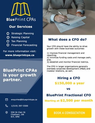 What does a CFO do?
Your CFO should have the ability to drive
growth with these business outcomes:
1) improve financial management and
reporting;
2) minimize funding costs and manage cash;
and,
3) establish and monitor financial metrics.
The CFO in larger organizations generally
oversees corporate development (M&A) and
investor relations, as well.
Hiring a CFO
$150,000 a year
vs
BluePrint Fractional CFO
Starting at $2,500 per month
 