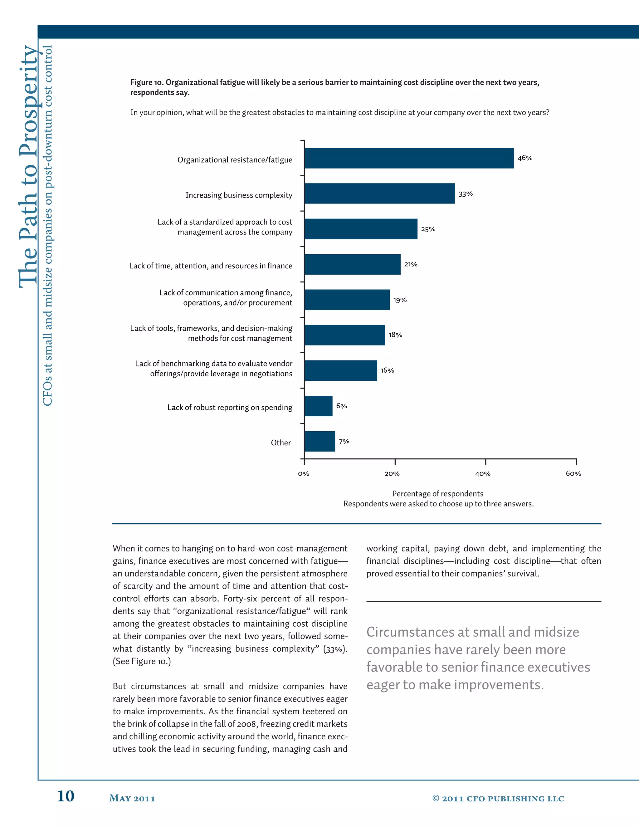 The Path to Prosperity
                     CFOs at small and midsize companies on post-downturn cost control

                                                                                                  Figure 10. Organizational fatigue will likely be a serious barrier to maintaining cost discipline over the next two years,
                                                                                                  respondents say.

                                                                                                  In your opinion, what will be the greatest obstacles to maintaining cost discipline at your company over the next two years?




                                                                                                                Organizational resistance/fatigue                                                                    46%



                                                                                                                  Increasing business complexity                                                   33%


                                                                                                          Lack of a standardized approach to cost
                                                                                                                management across the company                                              25%



                                                                                                  Lack of time, attention, and resources in finance                                  21%


                                                                                                           Lack of communication among finance,
                                                                                                                  operations, and/or procurement                                19%


                                                                                                  Lack of tools, frameworks, and decision-making
                                                                                                                    methods for cost management                                18%


                                                                                                    Lack of benchmarking data to evaluate vendor
                                                                                                        offerings/provide leverage in negotiations                          16%



                                                                                                             Lack of robust reporting on spending              6%



                                                                                                                                            Other               7%


                                                                                                                                                      0%                     20%                         40%                     60%

                                                                                                                                                                             Percentage of respondents
                                                                                                                                                                 Respondents were asked to choose up to three answers.




                                                                                              When it comes to hanging on to hard-won cost-management                   working capital, paying down debt, and implementing the
                                                                                              gains, ﬁnance executives are most concerned with fatigue—                 ﬁnancial disciplines—including cost discipline—that often
                                                                                              an understandable concern, given the persistent atmosphere                proved essential to their companies’ survival.
                                                                                              of scarcity and the amount of time and attention that cost-
                                                                                              control efforts can absorb. Forty-six percent of all respon-
                                                                                              dents say that “organizational resistance/fatigue” will rank
                                                                                              among the greatest obstacles to maintaining cost discipline
                                                                                              at their companies over the next two years, followed some-                Circumstances at small and midsize
                                                                                              what distantly by “increasing business complexity” (33%).                 companies have rarely been more
                                                                                              (See Figure 10.)
                                                                                                                                                                        favorable to senior ﬁnance executives
                                                                                              But circumstances at small and midsize companies have                     eager to make improvements.
                                                                                              rarely been more favorable to senior ﬁnance executives eager
                                                                                              to make improvements. As the ﬁnancial system teetered on
                                                                                              the brink of collapse in the fall of 2008, freezing credit markets
                                                                                              and chilling economic activity around the world, ﬁnance exec-
                                                                                              utives took the lead in securing funding, managing cash and




                                                                                         10   May                                                                                        ©  cfo publishing llc
 