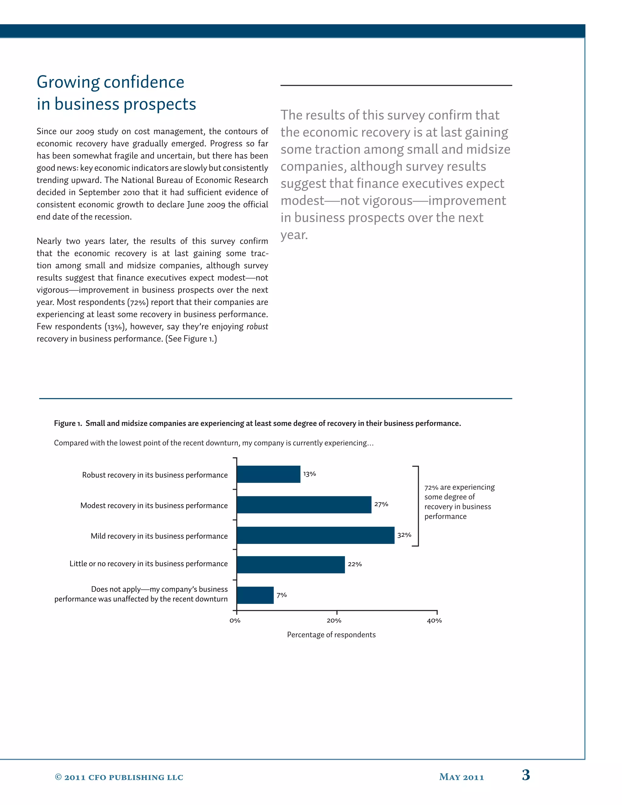 Growing conﬁdence
in business prospects
                                                                     The results of this survey conﬁrm that
Since our 2009 study on cost management, the contours of             the economic recovery is at last gaining
economic recovery have gradually emerged. Progress so far
has been somewhat fragile and uncertain, but there has been
                                                                     some traction among small and midsize
good news: key economic indicators are slowly but consistently       companies, although survey results
trending upward. The National Bureau of Economic Research
                                                                     suggest that ﬁnance executives expect
decided in September 2010 that it had sufﬁcient evidence of
consistent economic growth to declare June 2009 the ofﬁcial          modest—not vigorous—improvement
end date of the recession.                                           in business prospects over the next
Nearly two years later, the results of this survey conﬁrm
                                                                     year.
that the economic recovery is at last gaining some trac-
tion among small and midsize companies, although survey
results suggest that ﬁnance executives expect modest—not
vigorous—improvement in business prospects over the next
year. Most respondents (72%) report that their companies are
experiencing at least some recovery in business performance.
Few respondents (13%), however, say they’re enjoying robust
recovery in business performance. (See Figure 1.)




    Figure 1. Small and midsize companies are experiencing at least some degree of recovery in their business performance.

    Compared with the lowest point of the recent downturn, my company is currently experiencing…


            Robust recovery in its business performance                      13%
                                                                                                               72% are experiencing
                                                                                                               some degree of
           Modest recovery in its business performance                                             27%         recovery in business
                                                                                                               performance

              Mild recovery in its business performance                                                  32%


        Little or no recovery in its business performance                                 22%


              Does not apply—my company’s business
                                                                    7%
    performance was unaffected by the recent downturn

                                                            0%                      20%                         40%
                                                                         Percentage of respondents




    ©  cfo publishing llc                                                                                      May            3
 