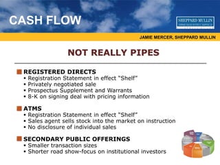 REGISTERED DIRECTS
 Registration Statement in effect “Shelf”
 Privately negotiated sale
 Prospectus Supplement and Warrants
 8-K on signing deal with pricing information
ATMS
 Registration Statement in effect “Shelf”
 Sales agent sells stock into the market on instruction
 No disclosure of individual sales
SECONDARY PUBLIC OFFERINGS
 Smaller transaction sizes
 Shorter road show-focus on institutional investors
JAMIE MERCER, SHEPPARD MULLIN
CASH FLOW
NOT REALLY PIPES
 