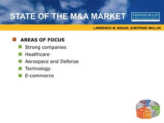 LAWRENCE M. BRAUN, SHEPPARD MULLIN
STATE OF THE M&A MARKET
AREAS OF FOCUS
• Strong companies
• Healthcare
• Aerospace and Defense
• Technology
• E-commerce
 
