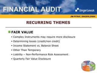 JIM PITRAT, SINGERLEWAK
FAIR VALUE
FINANCIAL AUDIT
 Complex Instruments may require more disclosure
 Determining losses (credit/non credit)
 Income Statement vs. Balance Sheet
 Other Than Temporary
 Liability – Non-Performance Risk Assessment
 Quarterly Fair Value Disclosure
RECURRING THEMES
 