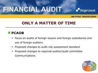 JIM PITRAT, SINGERLEWAK
ONLY A MATTER OF TIME
PCAOB
FINANCIAL AUDIT
 Focus on audits of foreign issuers and foreign subsidiaries and
use of foreign auditors
 Proposed changes to audit risk assessment standard
 Proposed changes to required auditor/audit committee
Communications
 