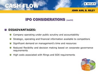 CASH FLOW
                                                           JOHN AHN, B. RILEY


               IPO CONSIDERATIONS                    (cont’d)




• DISADVANTAGES:
   Company operating under public scrutiny and accountability
   Strategic, operating and financial information available to competitors
   Significant demand on management’s time and resources
   Reduced flexibility and decision making based on corporate governance
    requirements
   High costs associated with filings and SOX requirements
 
