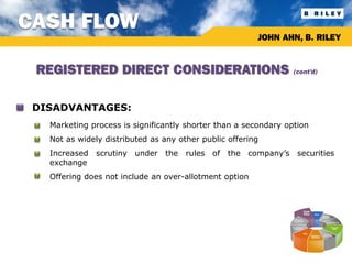 CASH FLOW
                                                           JOHN AHN, B. RILEY


  REGISTERED DIRECT CONSIDERATIONS                                  (cont’d)




• DISADVANTAGES:
  •   Marketing process is significantly shorter than a secondary option
  •   Not as widely distributed as any other public offering
  •   Increased scrutiny under the rules of the company’s securities
      exchange
  •   Offering does not include an over-allotment option
 