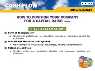 CASH FLOW
                                                                    JOHN AHN, B. RILEY


             HOW TO POSITION YOUR COMPANY
                FOR A CAPITAL RAISE: (cont’d)

                          “HAVE A CLEAN STORY”
•   Form of Incorporation
        Consult with professionals to understand company or transaction specific tax
         implications
•   Operational Processes and Systems
        Are the company’s processes well documented, efficient and transferable?
•   Potential Liabilities
        Consider settling any outstanding disputes with customers, suppliers and
         employees
 