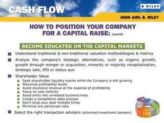 CASH FLOW
                                                                     JOHN AHN, B. RILEY

             HOW TO POSITION YOUR COMPANY
                FOR A CAPITAL RAISE: (cont’d)
         BECOME EDUCATED ON THE CAPITAL MARKETS
•   Understand traditional & non-traditional valuation methodologies & metrics
•   Analyze the company’s strategic alternatives, such as organic growth,
    growth through merger or acquisition, minority or majority recapitalization,
    strategic sale, IPO or status quo
•   Shareholder Value
        Seek shareholder liquidity events while the Company is still growing
        Maximize profitability levels
        Avoid excessive revenue at the expense of profitability
        Focus on cost controls
        Avoid entry into unrelated business lines
        Create a competitive sales process
        Don’t shop your deal multiple times
        Minimize any perceived risks
•   Select the right transaction advisors (attorney/investment bankers)
 