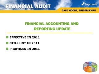 FINANCIAL AUDIT
                         GALE MOORE, SINGERLEWAK




         FINANCIAL ACCOUNTING AND
             REPORTING UPDATE

 EFFECTIVE IN 2011

 STILL HOT IN 2011

 PROMISED IN 2011
 