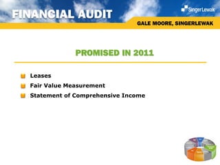 FINANCIAL AUDIT
                                 GALE MOORE, SINGERLEWAK




                PROMISED IN 2011

  Leases
  Fair Value Measurement
  Statement of Comprehensive Income
 