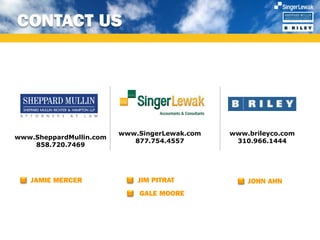 CONTACT US




                         www.SingerLewak.com   www.brileyco.com
www.SheppardMullin.com
                            877.754.4557        310.966.1444
    858.720.7469




   JAMIE MERCER              JIM PITRAT            JOHN AHN
                             GALE MOORE
 
