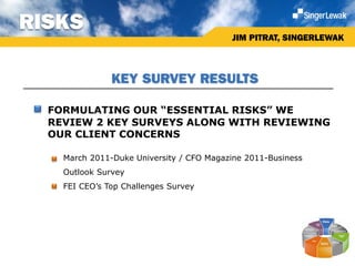 RISKS
                                          JIM PITRAT, SINGERLEWAK



               KEY SURVEY RESULTS

  FORMULATING OUR “ESSENTIAL RISKS” WE
  REVIEW 2 KEY SURVEYS ALONG WITH REVIEWING
  OUR CLIENT CONCERNS

   March 2011-Duke University / CFO Magazine 2011-Business
    Outlook Survey
   FEI CEO’s Top Challenges Survey
 
