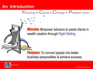 An Introduction
         Pursuing to Cause a Change in Peoples’ lives…



               Mission: Empower advisors to assist clients in
               wealth creation through Right Selling .




               Purpose: To convert people into better
               business personalities & achieve success.
 