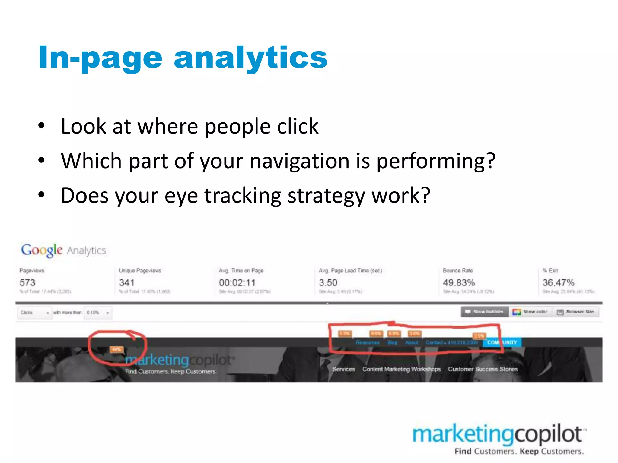 In-page analytics
• Look at where people click
• Which part of your navigation is performing?
• Does your eye tracking strategy work?
 