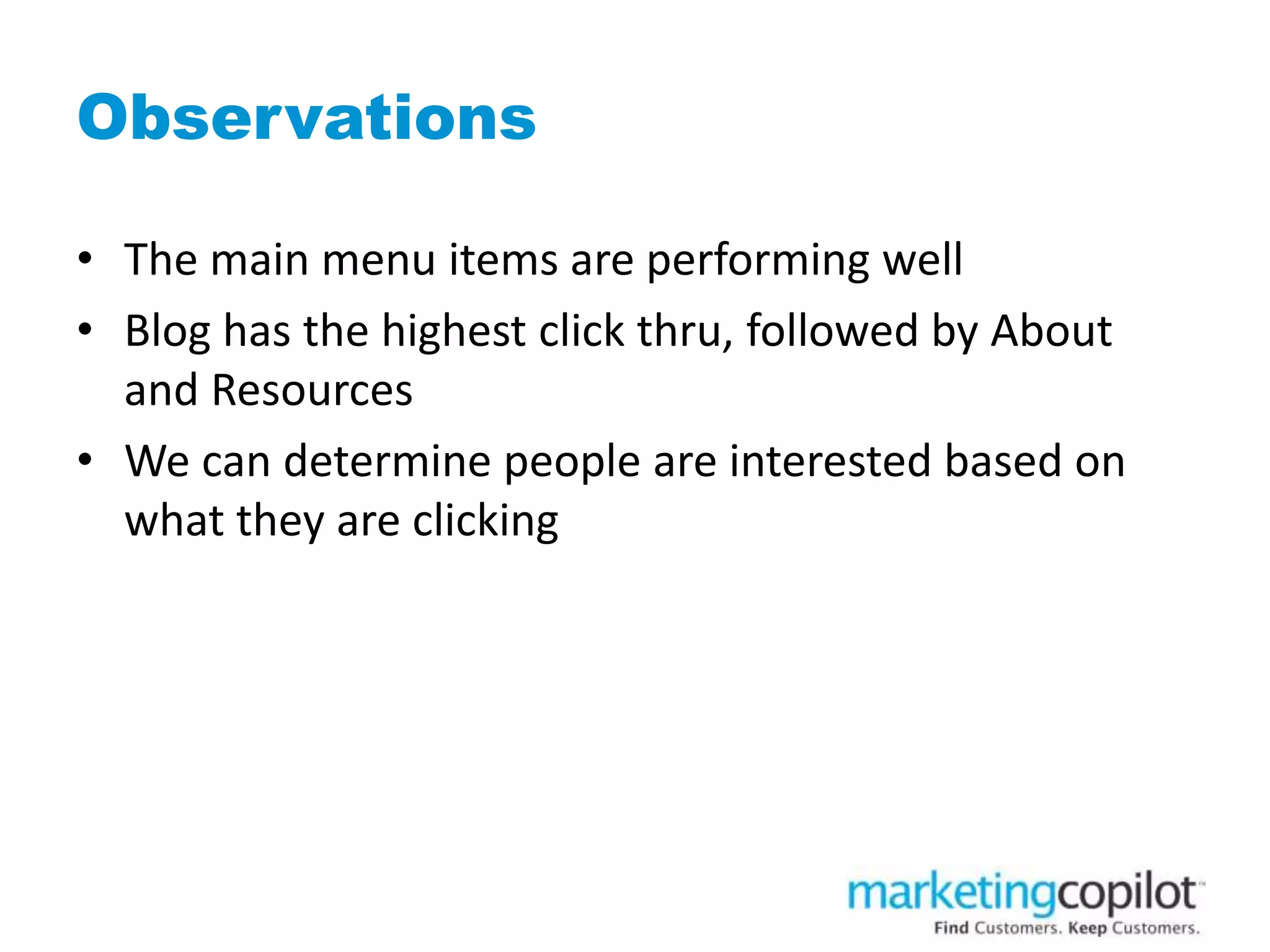Observations
• The main menu items are performing well
• Blog has the highest click thru, followed by About
and Resources
• We can determine people are interested based on
what they are clicking
 