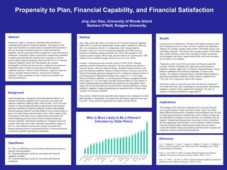 Jing Jian Xiao, University of Rhode Island
Barbara O’Neill, Rutgers University
Propensity to Plan, Financial Capability, and Financial Satisfaction
Background
Financial planning is considered a desirable financial behavior, an
indicator of financial capability that is positively associated with
subjective financial wellbeing (Xiao, Chen, & Chen, 2014). Previous
research on financial planning behavior demonstrates that financial
planning contributes to financial wellbeing. Further understanding
financial planning behavior will help financial service professionals to
better serve their clients and help improve their clients’ quality of life.
The purpose of this study was to examine factors associated with
financial planning and associations between financial planning,
financial capability, and financial satisfaction. Compared to previous
research, this study used a large, nationally representative sample in
the U.S., and examined socioeconomic factors associated with
financial planning behavior and potential effects of financial planning
on financial capability and financial satisfaction.
Abstract
Propensity to plan is considered a desirable financial behavior
associated with consumer financial capability. The purposes of this
study were threefold: to examine factors associated with propensity to
plan, the association between propensity to plan and financial
capability, and the association between propensity to plan and financial
satisfaction. Propensity to plan is measured by categorizing consumers
as planners and non-planners based on their responses to a survey
question about long-term planning. Data from the 2015 U.S. National
Financial Capability Study show that planners have unique
demographic and financial characteristics compared to non-planners.
Propensity to plan is positively associated with four financial
capability indicators: objective financial literacy, subjective financial
literacy, desirable financial behavior, and perceived financial
capability. Finally, propensity to plan is positively associated with
financial satisfaction.
Method
Data. Data used in this study were from the 2015 National Financial Capability
Study (NFCS), which was modeled after similar studies conducted in 2009 and
2012. In consultation with the U.S. Department of the Treasury and the
President’s Advisory Council on Financial Capability, the FINRA Investor
Education Foundation commissioned the 2015 NFCS that included 27,564
American adults (roughly 500 per state, plus the District of Columbia) and 1,000
military service members through online surveys (Lin et al., 2016).
Variables. Following previous research (Xiao & O’Neill, 2016), financial
capability variables included four indicators. The four indicators are objective
financial literacy, subjective financial literacy, desirable financial behavior, and
perceived financial capability. Objective financial literacy is the quiz score of six
financial knowledge questions ranging from 0 to 6. Subjective financial literacy is
a self-assessment of financial knowledge with a range of 1-7 (7=very high).
Perceived financial capability is a self-assessment of money management ability
with a range of 1-7 (7=very high). Desirable financial behavior is the number of
positive financial behaviors performed and reported by the respondents with a
range of 0-4 (4=all four behaviors are performed). Financial planning is a binary
variable (1=planner). Financial satisfaction was measured with a 10-point scale
variable (10=extremely satisfied).
Data analyses. Both bivariate and multivariate analyses were conducted to test the
three hypotheses. Specifically, Chi-square tests and logistic regression were used
to test H1. T-tests and OLS regressions were used to test H2 and H3.
Results
Characteristics of self planners. Results of the logistic regression show
that self planners tend to be male, nonwhite, married, have dependent
children, are working, younger, home owners, with higher income, and
with higher education. They tend to have savings accounts, 401(k) plans,
IRAs, health insurance, credit cards, and high cost loans. Consumers
with mortgages, auto loans, unpaid medical bills, and credit card debts
are less likely to be a planner.
Propensity to plan is positively associated with financial capability
variables. Results of multiple OLS regressions on four financial
capability variables support H2. For objective financial literacy, being a
planner contributed to the model by explaining .2% more of the
variance. For subjective financial literacy, desirable financial behavior,
and perceived financial capability, being a planner explained 4.8%,
7.6%, and 3.0%, respectively, more of the variance.
Propensity to plan is positively associated with financial satisfaction.
The results show that, after controlling for socioeconomic and financial
capability variables, being a planner still explained 1.2% more of
variance for financial satisfaction, supporting H3.
Implications
The findings of this study have implications for consumer financial
service professionals to better serve their clients’ needs. The results
about different characteristics of planners and non-planners may be used
by financial professionals to identify their clients’ intention to plan and
develop different strategies to work with them. For consumers who are
planners, financial professionals may focus more on how to help them
develop appropriate financial plans. For non-planners, besides working
with their financial plans, financial professionals may also need to
explain the benefits of long-term planning and help clients recognize the
importance of goal-setting and goal attainment.
Hypotheses
H1. There are differences in socioeconomic characteristics between
planners and non-planners.
H2. Financial planning is positively associated with financial
capability variables.
H3. Financial planning is positively associated with financial
satisfaction.
0.38
0.45
0.64
0.72
0.77 0.81
0.89
1.08 1.09 1.10 1.13 1.16 1.17
1.22 1.26 1.26
1.36
1.46
1.58
1.69
1.73
2.33
Who is More Likely to Be a Planner?
Indicated by Odds Ratios
References
Lin, J. T. Bumcrot, C., Ulicny, T., Lusardi, A., Mottola, G., Kieffer, C., & Walsh, G.
(2016). Financial capability in the United States 2016. Washington, DC: FINRA
Investor Education Foundation.
Xiao, J. J., & O’Neill, B. (2016). Consumer financial education and financial
capability. International Journal of Consumer Studies, 40(6), 712-721.
Xiao, J. J., Chen, C., & Chen, F. (2014). Consumer financial capability and financial
satisfaction. Social Indicators Research, 118(1), 415-432.
 