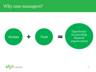 Why case managers?
15
Access Trust
Opportunity
for providing
financial
empowerment
 