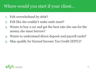 Where would you start if your client...
1. Felt overwhelmed by debt?
2. Felt like she couldn’t make ends meet?
3. Wants to buy a car and get the best rate she can for the
money she must borrow?
4. Wants to understand direct deposit and payroll cards?
5. May qualify for Earned Income Tax Credit (EITC)?
22
 