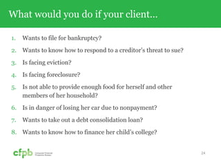 What would you do if your client...
1. Wants to file for bankruptcy?
2. Wants to know how to respond to a creditor’s threat to sue?
3. Is facing eviction?
4. Is facing foreclosure?
5. Is not able to provide enough food for herself and other
members of her household?
6. Is in danger of losing her car due to nonpayment?
7. Wants to take out a debt consolidation loan?
8. Wants to know how to finance her child’s college?
24
 