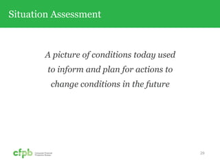 Situation Assessment
A picture of conditions today used
to inform and plan for actions to
change conditions in the future
29
 