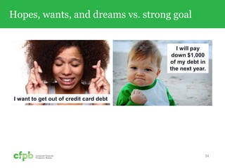 Hopes, wants, and dreams vs. strong goal
34
I want to get out of credit card debt
I will pay
down $1,000
of my debt in
the next year.
 