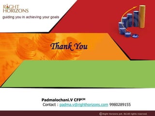 Thank You
Padmalochani.V CFPCM
Contact : padma.v@righthorizons.com 9980289155
 