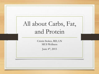 All about Carbs, Fat,
and Protein
Cristin Stokes, RD, LN
MUS Wellness
June 4th, 2015
 