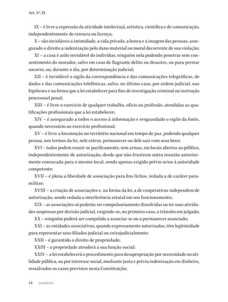 14
Art. 5º, IX
IX – é livre a expressão da atividade intelectual, artística, científica e de comunicação,
independentemente de censura ou licença;
X – são invioláveis a intimidade, a vida privada, a honra e a imagem das pessoas, asse-
gurado o direito a indenização pelo dano material ou moral decorrente de sua violação;
XI – a casa é asilo inviolável do indivíduo, ninguém nela podendo penetrar sem con-
sentimento do morador, salvo em caso de flagrante delito ou desastre, ou para prestar
socorro, ou, durante o dia, por determinação judicial;
XII – é inviolável o sigilo da correspondência e das comunicações telegráficas, de
dados e das comunicações telefônicas, salvo, no último caso, por ordem judicial, nas
hipóteses e na forma que a lei estabelecer para fins de investigação criminal ou instrução
processual penal;
XIII – é livre o exercício de qualquer trabalho, ofício ou profissão, atendidas as qua-
lificações profissionais que a lei estabelecer;
XIV – é assegurado a todos o acesso à informação e resguardado o sigilo da fonte,
quando necessário ao exercício profissional;
XV – é livre a locomoção no território nacional em tempo de paz, podendo qualquer
pessoa, nos termos da lei, nele entrar, permanecer ou dele sair com seus bens;
XVI – todos podem reunir-se pacificamente, sem armas, em locais abertos ao público,
independentemente de autorização, desde que não frustrem outra reunião anterior-
mente convocada para o mesmo local, sendo apenas exigido prévio aviso à autoridade
competente;
XVII – é plena a liberdade de associação para fins lícitos, vedada a de caráter para-
militar;
XVIII – a criação de associações e, na forma da lei, a de cooperativas independem de
autorização, sendo vedada a interferência estatal em seu funcionamento;
XIX – as associações só poderão ser compulsoriamente dissolvidas ou ter suas ativida-
des suspensas por decisão judicial, exigindo-se, no primeiro caso, o trânsito em julgado;
XX – ninguém poderá ser compelido a associar-se ou a permanecer associado;
XXI – as entidades associativas, quando expressamente autorizadas, têm legitimidade
para representar seus filiados judicial ou extrajudicialmente;
XXII – é garantido o direito de propriedade;
XXIII – a propriedade atenderá a sua função social;
XXIV – a lei estabelecerá o procedimento para desapropriação por necessidade ou uti-
lidade pública, ou por interesse social, mediante justa e prévia indenização em dinheiro,
ressalvados os casos previstos nesta Constituição;
sumário
 