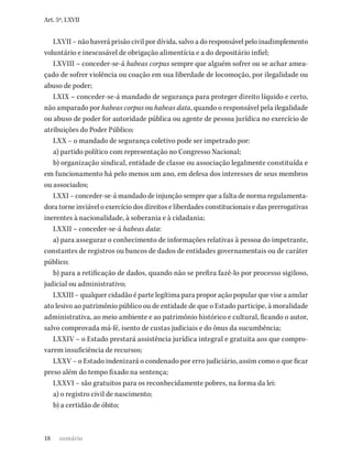 18
Art. 5º, LXVII
LXVII – não haverá prisão civil por dívida, salvo a do responsável pelo inadimplemento
voluntário e inescusável de obrigação alimentícia e a do depositário infiel;
LXVIII – conceder-se-á habeas corpus sempre que alguém sofrer ou se achar amea-
çado de sofrer violência ou coação em sua liberdade de locomoção, por ilegalidade ou
abuso de poder;
LXIX – conceder-se-á mandado de segurança para proteger direito líquido e certo,
não amparado por habeas corpus ou habeas data, quando o responsável pela ilegalidade
ou abuso de poder for autoridade pública ou agente de pessoa jurídica no exercício de
atribuições do Poder Público;
LXX – o mandado de segurança coletivo pode ser impetrado por:
a) partido político com representação no Congresso Nacional;
b) organização sindical, entidade de classe ou associação legalmente constituída e
em funcionamento há pelo menos um ano, em defesa dos interesses de seus membros
ou associados;
LXXI – conceder-se-á mandado de injunção sempre que a falta de norma regulamenta-
dora torne inviável o exercício dos direitos e liberdades constitucionais e das prerrogativas
inerentes à nacionalidade, à soberania e à cidadania;
LXXII – conceder-se-á habeas data:
a) para assegurar o conhecimento de informações relativas à pessoa do impetrante,
constantes de registros ou bancos de dados de entidades governamentais ou de caráter
público;
b) para a retificação de dados, quando não se prefira fazê-lo por processo sigiloso,
judicial ou administrativo;
LXXIII – qualquer cidadão é parte legítima para propor ação popular que vise a anular
ato lesivo ao patrimônio público ou de entidade de que o Estado participe, à moralidade
administrativa, ao meio ambiente e ao patrimônio histórico e cultural, ficando o autor,
salvo comprovada má-fé, isento de custas judiciais e do ônus da sucumbência;
LXXIV – o Estado prestará assistência jurídica integral e gratuita aos que compro-
varem insuficiência de recursos;
LXXV – o Estado indenizará o condenado por erro judiciário, assim como o que ficar
preso além do tempo fixado na sentença;
LXXVI – são gratuitos para os reconhecidamente pobres, na forma da lei:
a) o registro civil de nascimento;
b) a certidão de óbito;
sumário
 