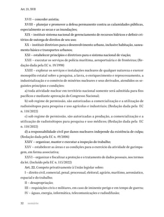 32
Art. 21, XVII
XVII – conceder anistia;
XVIII – planejar e promover a defesa permanente contra as calamidades públicas,
especialmente as secas e as inundações;
XIX – instituir sistema nacional de gerenciamento de recursos hídricos e definir cri-
térios de outorga de direitos de seu uso;
XX – instituir diretrizes para o desenvolvimento urbano, inclusive habitação, sanea-
mento básico e transportes urbanos;
XXI – estabelecer princípios e diretrizes para o sistema nacional de viação;
XXII – executar os serviços de polícia marítima, aeroportuária e de fronteiras; (Re-
dação dada pela EC n. 19/1998)
XXIII – explorar os serviços e instalações nucleares de qualquer natureza e exercer
monopólio estatal sobre a pesquisa, a lavra, o enriquecimento e reprocessamento, a
industrialização e o comércio de minérios nucleares e seus derivados, atendidos os se-
guintes princípios e condições:
a) toda atividade nuclear em território nacional somente será admitida para fins
pacíficos e mediante aprovação do Congresso Nacional;
b) sob regime de permissão, são autorizadas a comercialização e a utilização de
radioisótopos para pesquisa e uso agrícolas e industriais; (Redação dada pela EC
n. 118/2022)
c) sob regime de permissão, são autorizadas a produção, a comercialização e a
utilização de radioisótopos para pesquisa e uso médicos; (Redação dada pela EC
n. 118/2022)
d) a responsabilidade civil por danos nucleares independe da existência de culpa;
(Redação dada pela EC n. 49/2006)
XXIV – organizar, manter e executar a inspeção do trabalho;
XXV – estabelecer as áreas e as condições para o exercício da atividade de garimpa-
gem, em forma associativa;
XXVI – organizar e fiscalizar a proteção e o tratamento de dados pessoais, nos termos
da lei. (Incluído pela EC n. 115/2022)
Art. 22. Compete privativamente à União legislar sobre:
I – direito civil, comercial, penal, processual, eleitoral, agrário, marítimo, aeronáutico,
espacial e do trabalho;
II – desapropriação;
III – requisições civis e militares, em caso de iminente perigo e em tempo de guerra;
IV – águas, energia, informática, telecomunicações e radiodifusão;
sumário
 