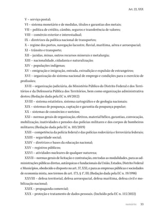 33
Art. 22, XXX
V – serviço postal;
VI – sistema monetário e de medidas, títulos e garantias dos metais;
VII – política de crédito, câmbio, seguros e transferência de valores;
VIII – comércio exterior e interestadual;
IX – diretrizes da política nacional de transportes;
X – regime dos portos, navegação lacustre, fluvial, marítima, aérea e aeroespacial;
XI – trânsito e transporte;
XII – jazidas, minas, outros recursos minerais e metalurgia;
XIII – nacionalidade, cidadania e naturalização;
XIV – populações indígenas;
XV – emigração e imigração, entrada, extradição e expulsão de estrangeiros;
XVI – organização do sistema nacional de emprego e condições para o exercício de
profissões;
XVII – organização judiciária, do Ministério Público do Distrito Federal e dos Terri-
tórios e da Defensoria Pública dos Territórios, bem como organização administrativa
destes; (Redação dada pela EC n. 69/2012)
XVIII – sistema estatístico, sistema cartográfico e de geologia nacionais;
XIX – sistemas de poupança, captação e garantia da poupança popular;
XX – sistemas de consórcios e sorteios;
XXI – normas gerais de organização, efetivos, material bélico, garantias, convocação,
mobilização, inatividades e pensões das polícias militares e dos corpos de bombeiros
militares; (Redação dada pela EC n. 103/2019)
XXII – competência da polícia federal e das polícias rodoviária e ferroviária federais;
XXIII – seguridade social;
XXIV – diretrizes e bases da educação nacional;
XXV – registros públicos;
XXVI – atividades nucleares de qualquer natureza;
XXVII –normas gerais delicitação econtratação,emtodasasmodalidades,paraasad-
ministraçõespúblicasdiretas,autárquicasefundacionaisdaUnião,Estados,DistritoFederal
eMunicípios,obedecidoodispostonoart.37,XXI,eparaasempresaspúblicasesociedades
de economia mista, nos termos do art. 173, § 1°, III; (Redação dada pela EC n. 19/1998)
XXVIII – defesa territorial, defesa aeroespacial, defesa marítima, defesa civil e mo-
bilização nacional;
XXIX – propaganda comercial;
XXX – proteção e tratamento de dados pessoais. (Incluído pela EC n. 115/2022)
sumário
 