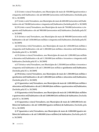 38
Art. 29, IV, i
i) 25 (vinte e cinco) Vereadores, nos Municípios de mais de 450.000 (quatrocentos e
cinquenta mil) habitantes e de até 600.000 (seiscentos mil) habitantes; (Incluída pela
EC n. 58/2009)
j) 27 (vinte e sete) Vereadores, nos Municípios de mais de 600.000 (seiscentos mil) habi-
tantes e de até 750.000 (setecentos e cinquenta mil) habitantes; (Incluída pela EC n. 58/2009)
k) 29 (vinte e nove) Vereadores, nos Municípios de mais de 750.000 (setecentos e cin-
quenta mil) habitantes e de até 900.000 (novecentos mil) habitantes; (Incluída pela EC
n. 58/2009)
l) 31 (trinta e um) Vereadores, nos Municípios de mais de 900.000 (novecentos mil)
habitantes e de até 1.050.000 (um milhão e cinquenta mil) habitantes; (Incluída pela EC
n. 58/2009)
m) 33 (trinta e três) Vereadores, nos Municípios de mais de 1.050.000 (um milhão e
cinquenta mil) habitantes e de até 1.200.000 (um milhão e duzentos mil) habitantes;
(Incluída pela EC n. 58/2009)
n) 35 (trinta e cinco) Vereadores, nos Municípios de mais de 1.200.000 (um milhão
e duzentos mil) habitantes e de até 1.350.000 (um milhão e trezentos e cinquenta mil)
habitantes; (Incluída pela EC n. 58/2009)
o) 37 (trinta e sete) Vereadores, nos Municípios de 1.350.000 (um milhão e trezentos e
cinquenta mil) habitantes e de até 1.500.000 (um milhão e quinhentos mil) habitantes;
(Incluída pela EC n. 58/2009)
p) 39 (trinta e nove) Vereadores, nos Municípios de mais de 1.500.000 (um milhão e
quinhentos mil) habitantes e de até 1.800.000 (um milhão e oitocentos mil) habitantes;
(Incluída pela EC n. 58/2009)
q) 41 (quarenta e um) Vereadores, nos Municípios de mais de 1.800.000 (um milhão e
oitocentos mil) habitantes e de até 2.400.000 (dois milhões e quatrocentos mil) habitantes;
(Incluída pela EC n. 58/2009)
r) 43 (quarenta e três) Vereadores, nos Municípios de mais de 2.400.000 (dois milhões
e quatrocentos mil) habitantes e de até 3.000.000 (três milhões) de habitantes; (Incluída
pela EC n. 58/2009)
s) 45 (quarenta e cinco) Vereadores, nos Municípios de mais de 3.000.000 (três mi-
lhões) de habitantes e de até 4.000.000 (quatro milhões) de habitantes; (Incluída pela
EC n. 58/2009)
t) 47 (quarenta e sete) Vereadores, nos Municípios de mais de 4.000.000 (quatro mi-
lhões) de habitantes e de até 5.000.000 (cinco milhões) de habitantes; (Incluída pela EC
n. 58/2009)
sumário
 
