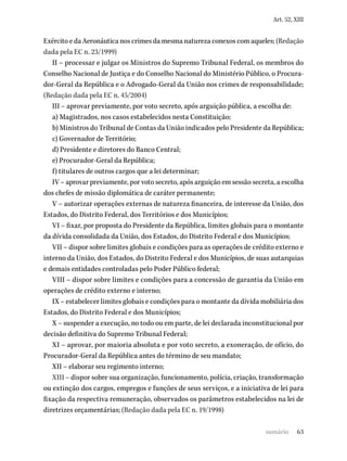 63
Art. 52, XIII
Exército e da Aeronáutica nos crimes da mesma natureza conexos com aqueles; (Redação
dada pela EC n. 23/1999)
II – processar e julgar os Ministros do Supremo Tribunal Federal, os membros do
Conselho Nacional de Justiça e do Conselho Nacional do Ministério Público, o Procura-
dor-Geral da República e o Advogado-Geral da União nos crimes de responsabilidade;
(Redação dada pela EC n. 45/2004)
III – aprovar previamente, por voto secreto, após arguição pública, a escolha de:
a) Magistrados, nos casos estabelecidos nesta Constituição;
b) Ministros do Tribunal de Contas da União indicados pelo Presidente da República;
c) Governador de Território;
d) Presidente e diretores do Banco Central;
e) Procurador-Geral da República;
f) titulares de outros cargos que a lei determinar;
IV – aprovar previamente, por voto secreto, após arguição em sessão secreta, a escolha
dos chefes de missão diplomática de caráter permanente;
V – autorizar operações externas de natureza financeira, de interesse da União, dos
Estados, do Distrito Federal, dos Territórios e dos Municípios;
VI – fixar, por proposta do Presidente da República, limites globais para o montante
da dívida consolidada da União, dos Estados, do Distrito Federal e dos Municípios;
VII – dispor sobre limites globais e condições para as operações de crédito externo e
interno da União, dos Estados, do Distrito Federal e dos Municípios, de suas autarquias
e demais entidades controladas pelo Poder Público federal;
VIII – dispor sobre limites e condições para a concessão de garantia da União em
operações de crédito externo e interno;
IX – estabelecer limites globais e condições para o montante da dívida mobiliária dos
Estados, do Distrito Federal e dos Municípios;
X – suspender a execução, no todo ou em parte, de lei declarada inconstitucional por
decisão definitiva do Supremo Tribunal Federal;
XI – aprovar, por maioria absoluta e por voto secreto, a exoneração, de ofício, do
Procurador-Geral da República antes do término de seu mandato;
XII – elaborar seu regimento interno;
XIII – dispor sobre sua organização, funcionamento, polícia, criação, transformação
ou extinção dos cargos, empregos e funções de seus serviços, e a iniciativa de lei para
fixação da respectiva remuneração, observados os parâmetros estabelecidos na lei de
diretrizes orçamentárias; (Redação dada pela EC n. 19/1998)
sumário
 