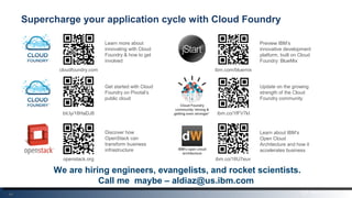 44
Supercharge your application cycle with Cloud Foundry
cloudfoundry.com
Learn more about
innovating with Cloud
Foundry & how to get
involved
ibm.co/16U7euv
IBM's open cloud
architecture
Learn about IBM’s
Open Cloud
Architecture and how it
accelerates business
ibm.com/bluemix
Preview IBM’s
innovative development
platform, built on Cloud
Foundry: BlueMix
openstack.org
Discover how
OpenStack can
transform business
infrastructure
bit.ly/18HaDJ8
Get started with Cloud
Foundry on Pivotal’s
public cloud
ibm.co/1fFV7kI
Update on the growing
strength of the Cloud
Foundry community
Cloud Foundry
community ‘strong &
getting even stronger’
We are hiring engineers, evangelists, and rocket scientists.
Call me maybe – aldiaz@us.ibm.com
 