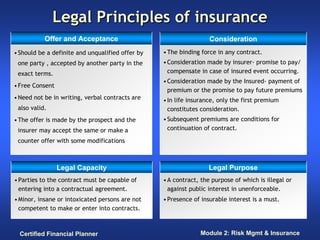 Legal Principles of insurance
           Offer and Acceptance                                    Consideration
• Should be a definite and unqualified offer by   • The binding force in any contract.
 one party , accepted by another party in the     • Consideration made by insurer- promise to pay/
 exact terms.                                       compensate in case of insured event occurring.
                                                  • Consideration made by the Insured- payment of
• Free Consent
                                                    premium or the promise to pay future premiums
• Need not be in writing, verbal contracts are    • In life insurance, only the first premium
 also valid.                                        constitutes consideration.
• The offer is made by the prospect and the       • Subsequent premiums are conditions for
 insurer may accept the same or make a              continuation of contract.

 counter offer with some modifications



                 Legal Capacity                                    Legal Purpose
• Parties to the contract must be capable of      • A contract, the purpose of which is illegal or
  entering into a contractual agreement.            against public interest in unenforceable.
• Minor, insane or intoxicated persons are not    • Presence of insurable interest is a must.
  competent to make or enter into contracts.



  Certified Financial Planner                                  Module 2: Risk Mgmt & Insurance
 