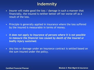 Indemnity
• Insurer will make good the loss / damage in such a manner that
  financially, the insured is neither better off nor worse off as a
  result of the loss.

• Principle is generally applied in insurance where the loss suffered
  by the insured is measurable in terms of money.

• It does not apply to insurance of persons where it is not possible
  to measure the financial loss caused by death of the insured or
  bodily injury sustained.

• Any loss or damage under an insurance contract is settled based on
  the sum insured under the policy.




Certified Financial Planner                  Module 2: Risk Mgmt & Insurance
 