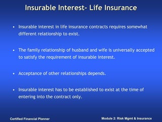 Insurable Interest- Life Insurance

 • Insurable interest in life insurance contracts requires somewhat
     different relationship to exist.


 • The family relationship of husband and wife is universally accepted
     to satisfy the requirement of insurable interest.


 • Acceptance of other relationships depends.


 • Insurable interest has to be established to exist at the time of
     entering into the contract only.



Certified Financial Planner                    Module 2: Risk Mgmt & Insurance
 