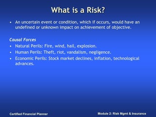 What is a Risk?
• An uncertain event or condition, which if occurs, would have an
  undefined or unknown impact on achievement of objective.

Causal Forces
• Natural Perils: Fire, wind, hail, explosion.
• Human Perils: Theft, riot, vandalism, negligence.
• Economic Perils: Stock market declines, inflation, technological
  advances.




Certified Financial Planner                 Module 2: Risk Mgmt & Insurance
 