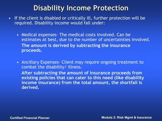 Disability Income Protection
• If the client is disabled or critically ill, further protection will be
  required. Disability income would fall under:

    • Medical expenses- The medical costs involved. Can be
      estimates at best, due to the number of uncertainties involved.
      The amount is derived by subtracting the insurance
      proceeds.

    • Ancillary Expenses- Client may require ongoing treatment to
      combat the disability/ illness.
      After subtracting the amount of insurance proceeds from
      existing policies that can cater to this need (like disability
      income insurance) from the total amount, the shortfall is
      derived.




Certified Financial Planner                      Module 2: Risk Mgmt & Insurance
 