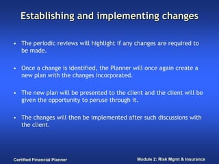 Establishing and implementing changes

• The periodic reviews will highlight if any changes are required to
  be made.

• Once a change is identified, the Planner will once again create a
  new plan with the changes incorporated.

• The new plan will be presented to the client and the client will be
  given the opportunity to peruse through it.

• The changes will then be implemented after such discussions with
  the client.




Certified Financial Planner                  Module 2: Risk Mgmt & Insurance
 